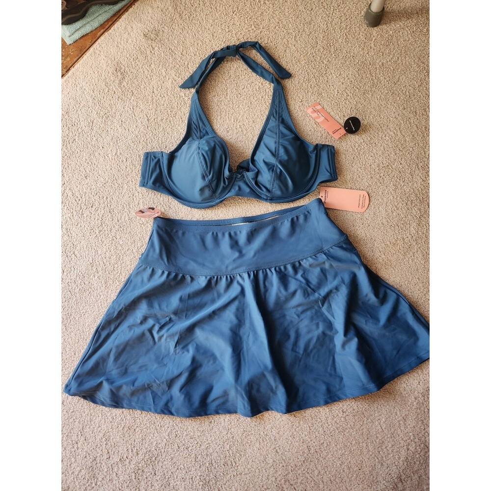 Shapermint Essentials Turquoise Blue Halter Bikini Top & Swim Skirt Size XL NWT